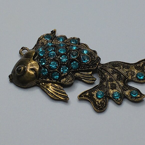 Blue Golden Fish Pendant, gold color, blue rhinestone, shiny crystals details - Picture 7 of 9